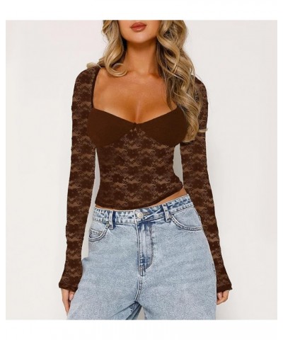 Women Lace Patchwork Long Sleeve Top Sexy Mesh See Through Tshirts Slim Fit Y2k Going Out Streetwear C-1 Low Cut Brown $8.73 ...