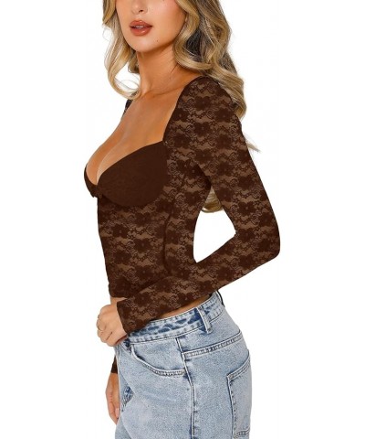 Women Lace Patchwork Long Sleeve Top Sexy Mesh See Through Tshirts Slim Fit Y2k Going Out Streetwear C-1 Low Cut Brown $8.73 ...