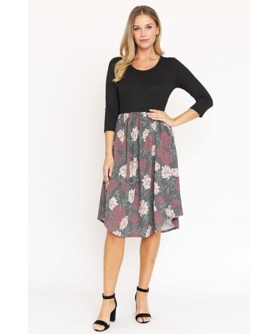 Eloges Women's 3/4 Sleeve Contrast Color Block Midi Dress | S-3X Black/Teal Burgundy Floral $22.56 Dresses