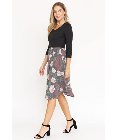 Eloges Women's 3/4 Sleeve Contrast Color Block Midi Dress | S-3X Black/Teal Burgundy Floral $22.56 Dresses