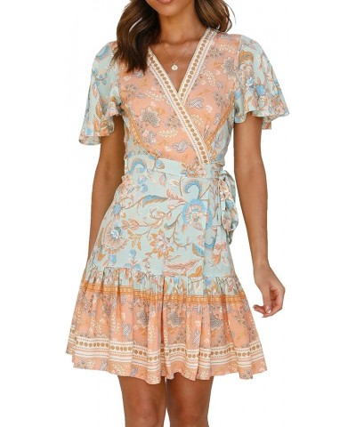 Women Summer Short Sleeve Casual Bohemian Beach Ruffle Floral Print Bow Tie Short Sun Dress Aqua $11.81 Dresses