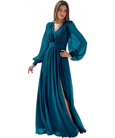 Women's Chiffon Bridesmaid Dresses Long Sleeve V Neck Formal Evening Prom Gown with Slit Peacock $27.95 Dresses