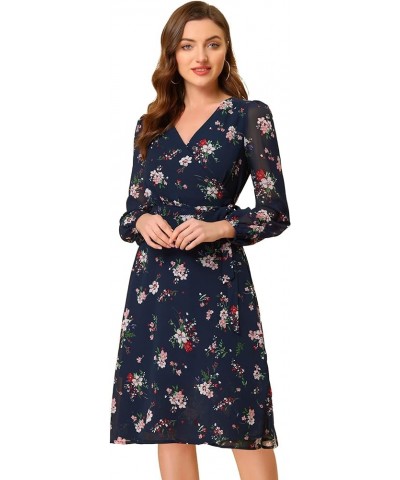 Women's Chiffon Floral V Neck Tie Waist Bishop Sleeve Casual Wrap Midi Dress Dark Blue $19.60 Dresses