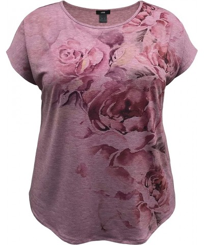 Women and Plus Size Crew Neck Dolman Short Sleeve Print Top (Small-5X) Red Floral / Heather Burgundy $8.31 Shirts