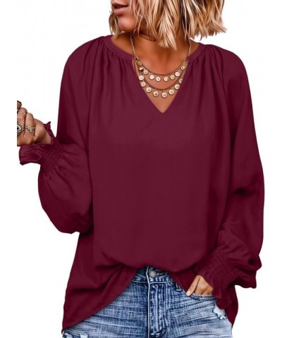 Womens Casual V Neck Loose Long Sleeve Chiffon Blouse Shirt Pleated Flowy Tunic Tops L Red $16.89 Blouses