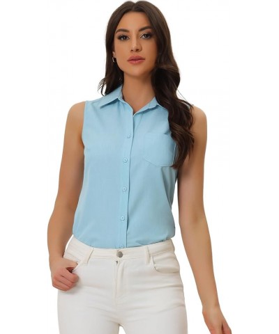 Denim Button Down Shirt for Women's Sleeveless Lapel V Neck Chambray Tunic Top Light Blue $11.13 Blouses