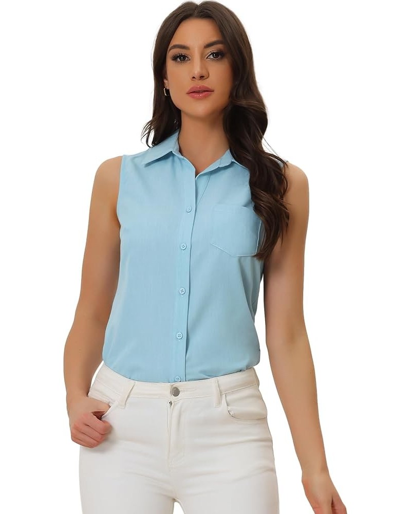 Denim Button Down Shirt for Women's Sleeveless Lapel V Neck Chambray Tunic Top Light Blue $11.13 Blouses