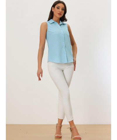 Denim Button Down Shirt for Women's Sleeveless Lapel V Neck Chambray Tunic Top Light Blue $11.13 Blouses