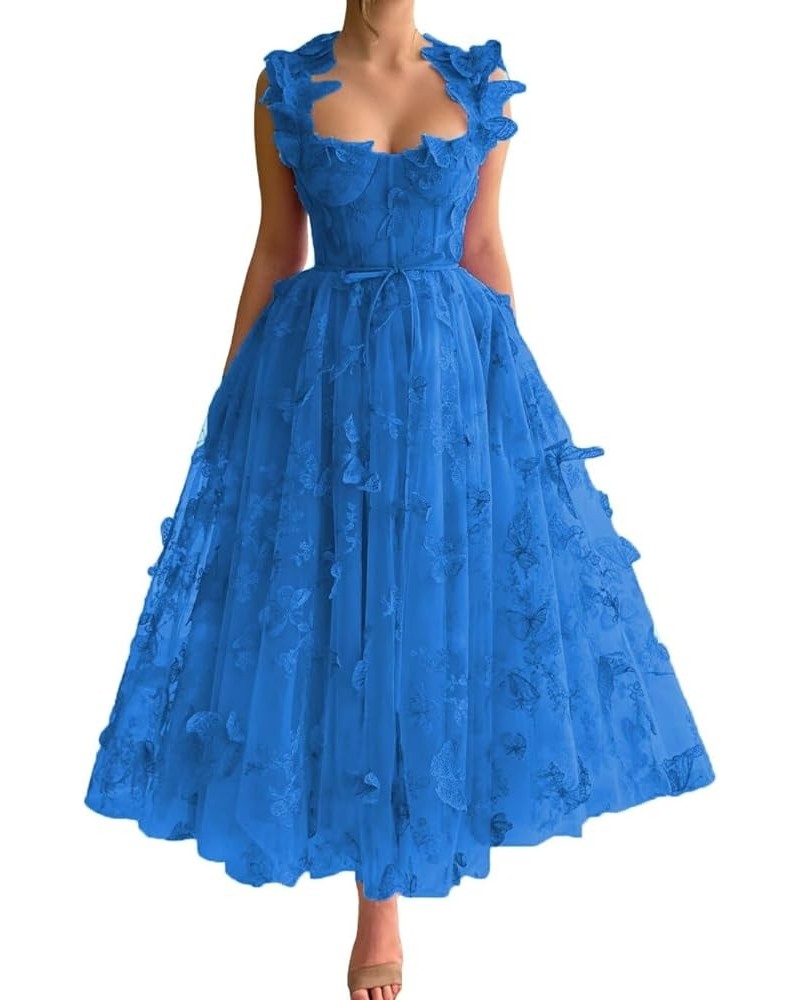 Women's Tulle Prom Dresses 3D Butterflies Spaghetti Straps Formal Evening Gowns Sweetheart Tea Length Party Dress Lake Blue $...