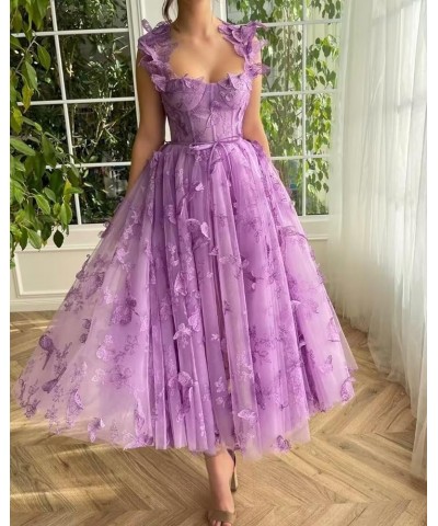 Women's Tulle Prom Dresses 3D Butterflies Spaghetti Straps Formal Evening Gowns Sweetheart Tea Length Party Dress Lake Blue $...