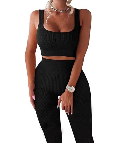 Workout Sets for Women 2 Piece Seamless Ribbed Crop Tank High Waist Shorts Yoga Outfits 268-l-black $20.99 Activewear