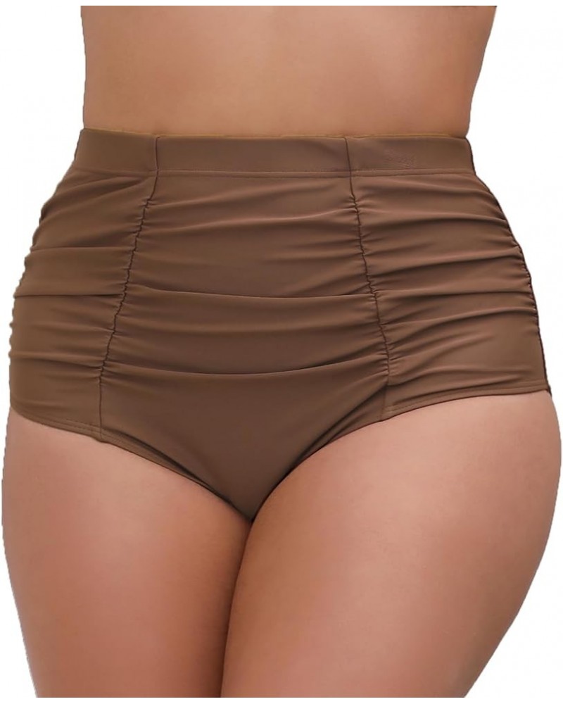 Women's High Waisted Bikini Bottoms Side Ruched Swimwear Bottom Quick Dry Swimsuit Briefs Brown2 $12.25 Swimsuits