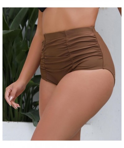 Women's High Waisted Bikini Bottoms Side Ruched Swimwear Bottom Quick Dry Swimsuit Briefs Brown2 $12.25 Swimsuits