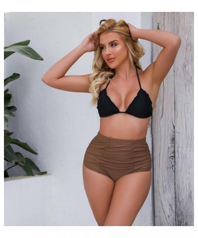 Women's High Waisted Bikini Bottoms Side Ruched Swimwear Bottom Quick Dry Swimsuit Briefs Brown2 $12.25 Swimsuits