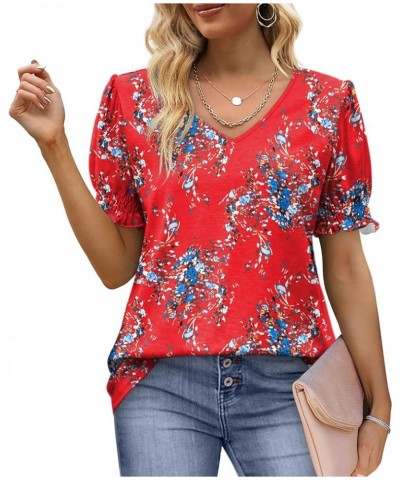 Women's Tops V Neck Ruffle Puff Sleeve Summer Fashion Casual Loose Fit T Shirts 03-red Floral $10.19 T-Shirts