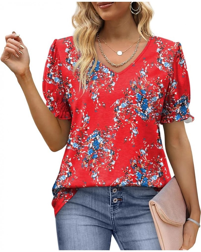 Women's Tops V Neck Ruffle Puff Sleeve Summer Fashion Casual Loose Fit T Shirts 03-red Floral $10.19 T-Shirts