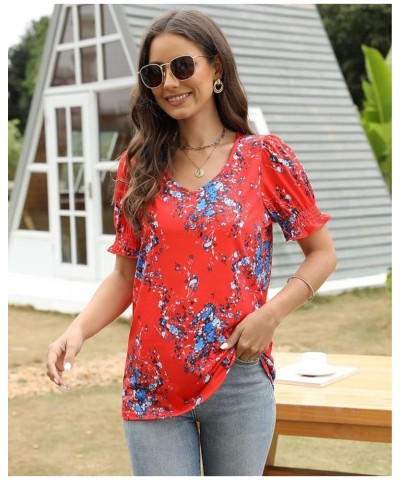 Women's Tops V Neck Ruffle Puff Sleeve Summer Fashion Casual Loose Fit T Shirts 03-red Floral $10.19 T-Shirts