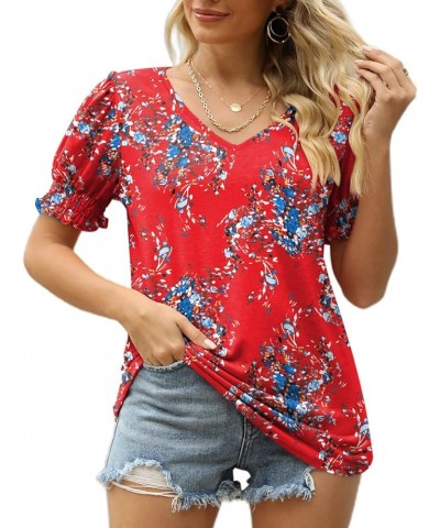 Women's Tops V Neck Ruffle Puff Sleeve Summer Fashion Casual Loose Fit T Shirts 03-red Floral $10.19 T-Shirts