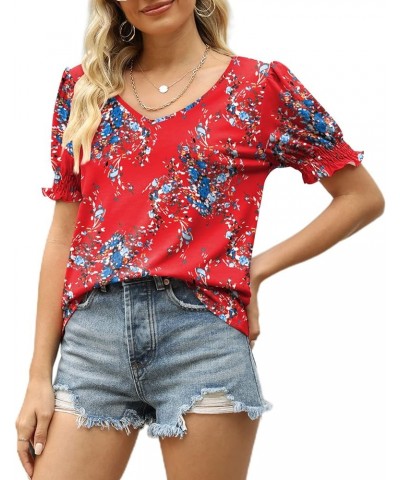 Women's Tops V Neck Ruffle Puff Sleeve Summer Fashion Casual Loose Fit T Shirts 03-red Floral $10.19 T-Shirts