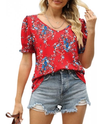 Women's Tops V Neck Ruffle Puff Sleeve Summer Fashion Casual Loose Fit T Shirts 03-red Floral $10.19 T-Shirts