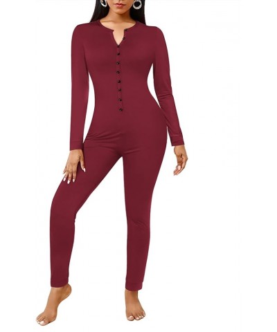 Women's Button Onesie Pajamas Bandage One Piece Long Sleep Romper Pajama Bodysuit Jumpsuit Bodycon XS-XXL Wine Red $15.50 Sle...