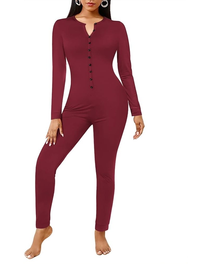 Women's Button Onesie Pajamas Bandage One Piece Long Sleep Romper Pajama Bodysuit Jumpsuit Bodycon XS-XXL Wine Red $15.50 Sle...