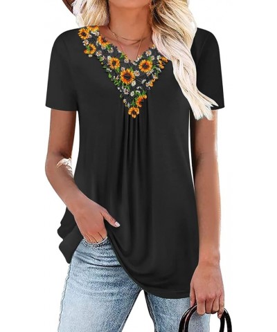 Womens Summer Casual Short Sleeve Tunic Top V-Neck Button Up Loose Blouse Shirt for Leggings Lace Sunfl Black-black $10.99 Tops