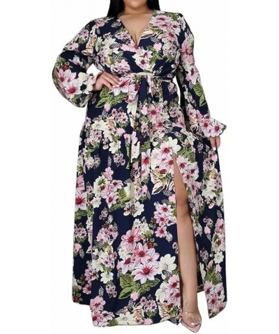 Women's Sexy Plus Size Long Sleeve V Neck Ruched Split Beach Party Maxi Dress Floral Navy Blue $10.75 Dresses