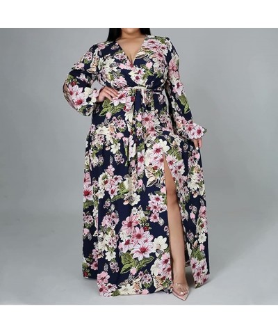 Women's Sexy Plus Size Long Sleeve V Neck Ruched Split Beach Party Maxi Dress Floral Navy Blue $10.75 Dresses