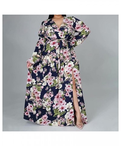 Women's Sexy Plus Size Long Sleeve V Neck Ruched Split Beach Party Maxi Dress Floral Navy Blue $10.75 Dresses