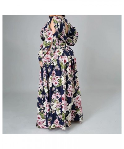 Women's Sexy Plus Size Long Sleeve V Neck Ruched Split Beach Party Maxi Dress Floral Navy Blue $10.75 Dresses