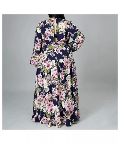 Women's Sexy Plus Size Long Sleeve V Neck Ruched Split Beach Party Maxi Dress Floral Navy Blue $10.75 Dresses