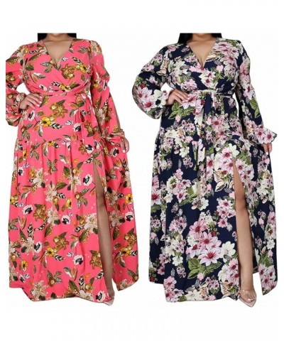 Women's Sexy Plus Size Long Sleeve V Neck Ruched Split Beach Party Maxi Dress Floral Navy Blue $10.75 Dresses