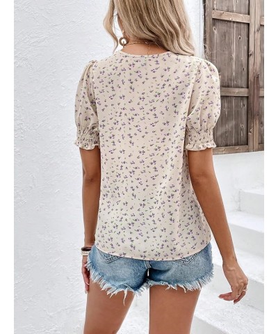 Women's Floral Print Button Front Shirt Casual Puff Short Sleeve V Neck Blouse Top Apricot $8.99 Blouses