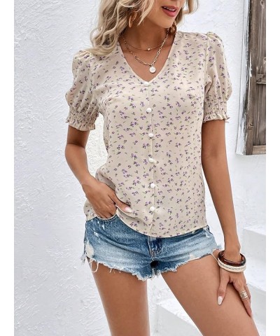 Women's Floral Print Button Front Shirt Casual Puff Short Sleeve V Neck Blouse Top Apricot $8.99 Blouses