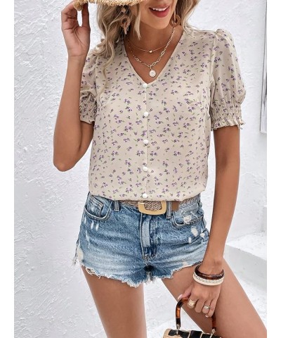 Women's Floral Print Button Front Shirt Casual Puff Short Sleeve V Neck Blouse Top Apricot $8.99 Blouses