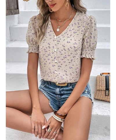 Women's Floral Print Button Front Shirt Casual Puff Short Sleeve V Neck Blouse Top Apricot $8.99 Blouses