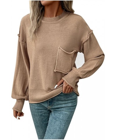 Womens Fall Sweaters 2023 Women's Ribbed Knitted Shirts Pullover Tunic Tops Loose Solid Color Blouses Top 03-khaki $17.15 Swe...