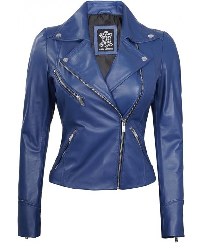 Leather Jackets For Women - Real Lambskin Leather Asymmetrical Biker Motorcycle Leather Jacket Womens Ninfa Blue Leather Jack...