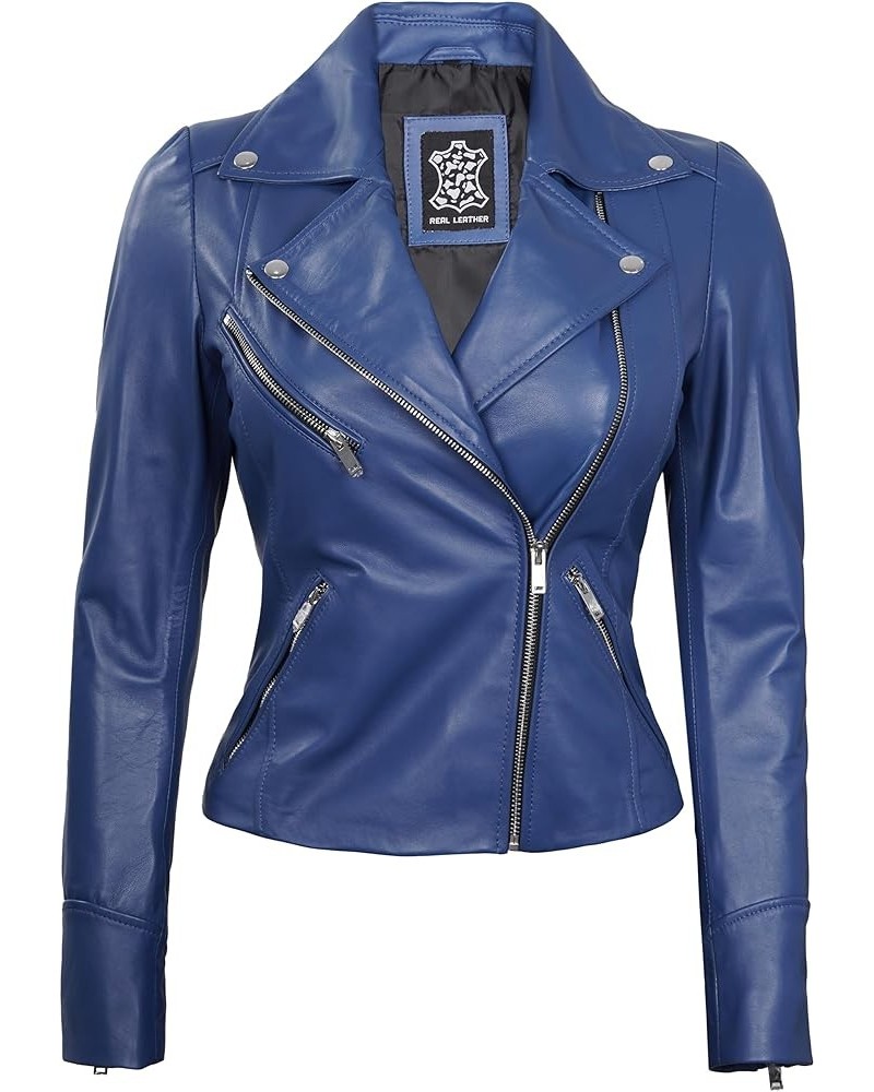 Leather Jackets For Women - Real Lambskin Leather Asymmetrical Biker Motorcycle Leather Jacket Womens Ninfa Blue Leather Jack...