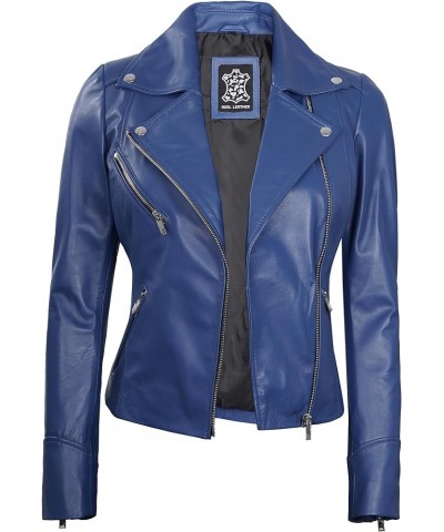 Leather Jackets For Women - Real Lambskin Leather Asymmetrical Biker Motorcycle Leather Jacket Womens Ninfa Blue Leather Jack...