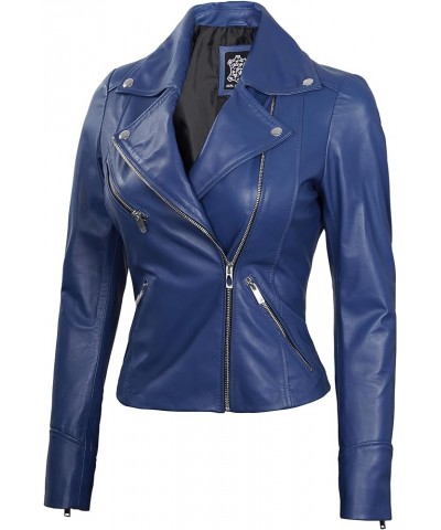 Leather Jackets For Women - Real Lambskin Leather Asymmetrical Biker Motorcycle Leather Jacket Womens Ninfa Blue Leather Jack...