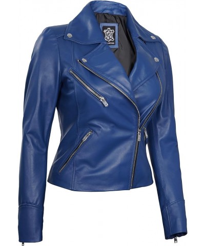 Leather Jackets For Women - Real Lambskin Leather Asymmetrical Biker Motorcycle Leather Jacket Womens Ninfa Blue Leather Jack...