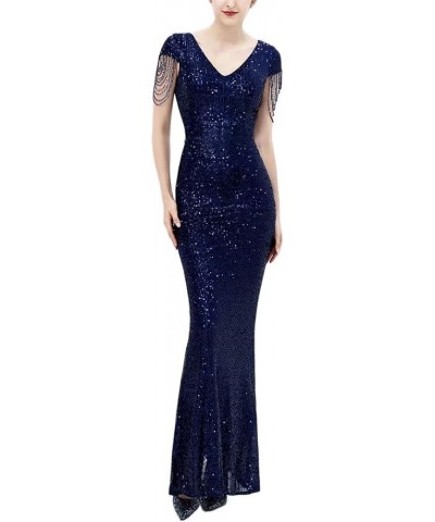 Women's V Neck Sequin Prom Dresses Formal Gown Long Evening Dress with Crystal Beadings 2023 Navyblue $36.40 Dresses