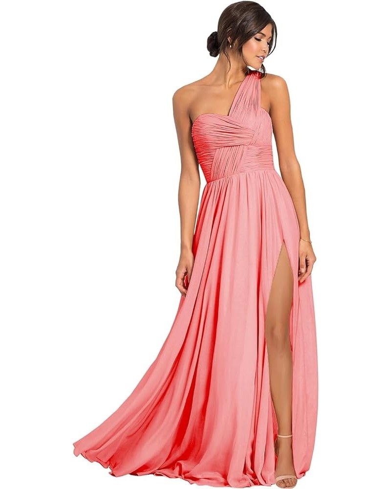 One Shoulder Bridesmaid Dresses for Women Ruched Chiffon Formal Dress with Pockets High Split Evening Gown Coral $26.40 Dresses