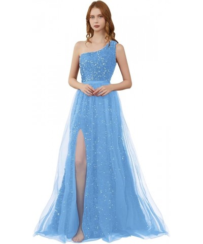 One Shoulder Sequin Prom Dresses for Women 2024 Long Tulle Formal Ball Gown Sparkly Slit Evening Party Dresses Sky Blue $27.0...