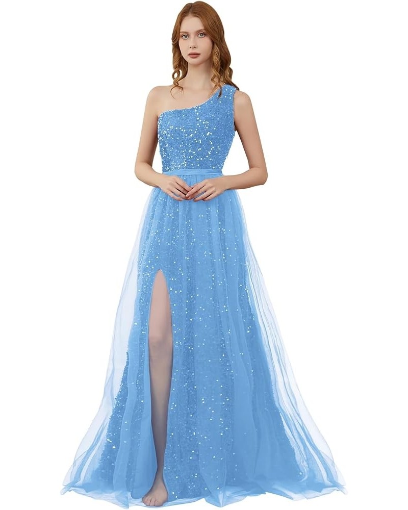 One Shoulder Sequin Prom Dresses for Women 2024 Long Tulle Formal Ball Gown Sparkly Slit Evening Party Dresses Sky Blue $27.0...