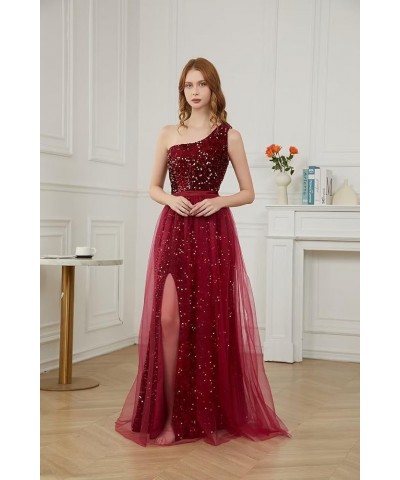 One Shoulder Sequin Prom Dresses for Women 2024 Long Tulle Formal Ball Gown Sparkly Slit Evening Party Dresses Sky Blue $27.0...