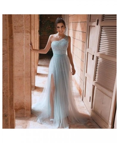 One Shoulder Sequin Prom Dresses for Women 2024 Long Tulle Formal Ball Gown Sparkly Slit Evening Party Dresses Sky Blue $27.0...