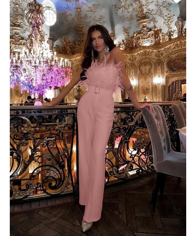 Women Sleeveless Feather Jumpsuit Spaghetti Strap High Waist Long Pants Romper Elegant Off Shoulder Wide Leg Jumpsuits Feathe...